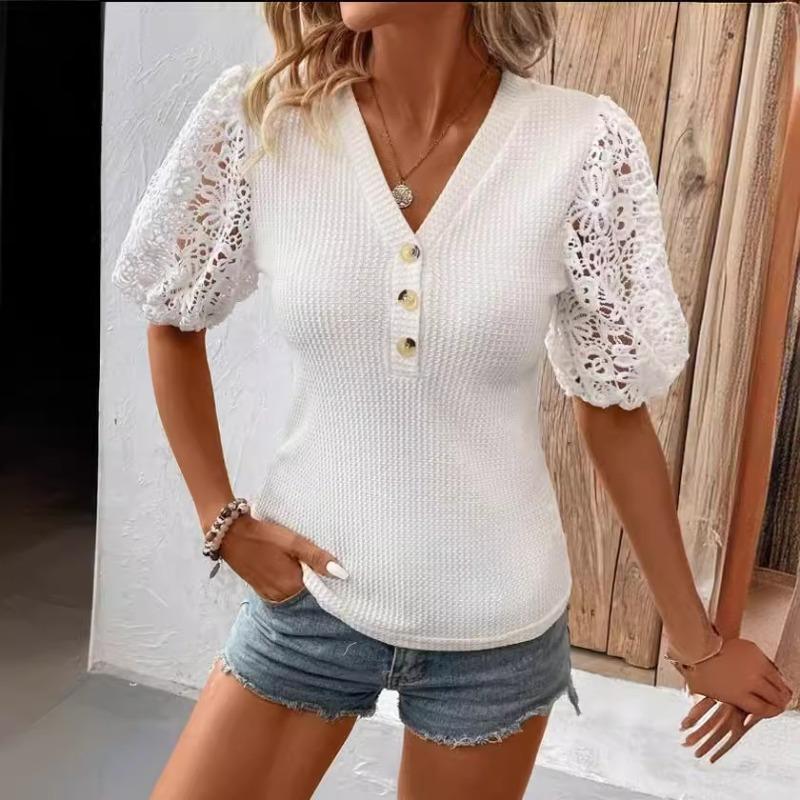 New Fashion Vintage Lace Short Sleeve V-neck Shirts Women Summer Tops Elegant Slim Fit Casual Loose Blouse Women Solid Hollow Out Female Shirt 26547
