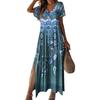 Summer Women Dress Retro Ethnic Style V Neck Short Sleeves Loose A-line Colorful Print Soft Beach Vacation Maxi Dress Ankle Length Side Split