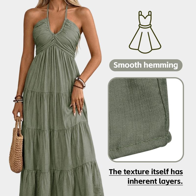 Женское летнее платье-макси с вырезом халтер, открытой спиной, драпировкой, свободного кроя, однотонное, для отпуска