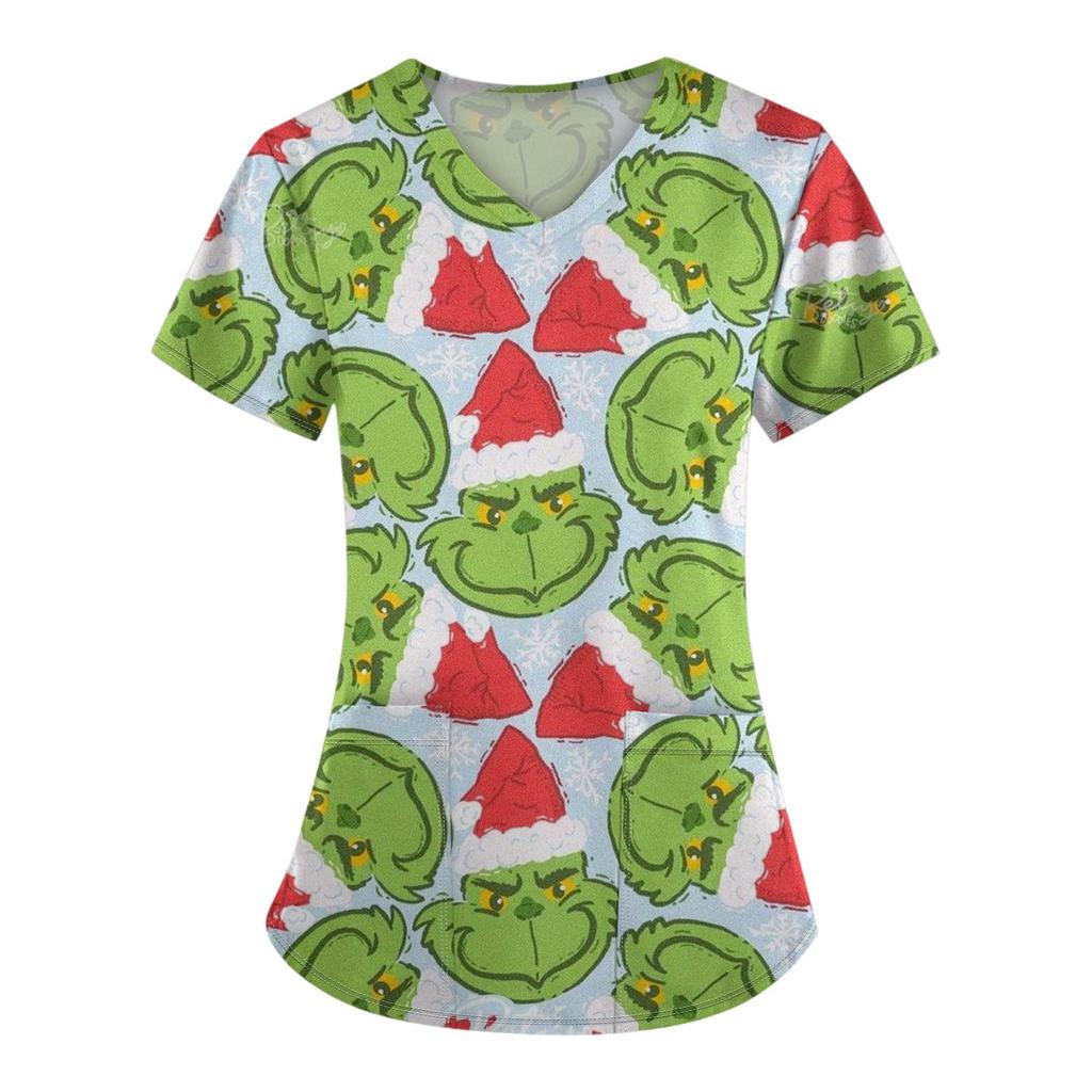 Women's Fashion Printed Short Sleeve V Neck Pattern Tops Pocket Working T-shirts