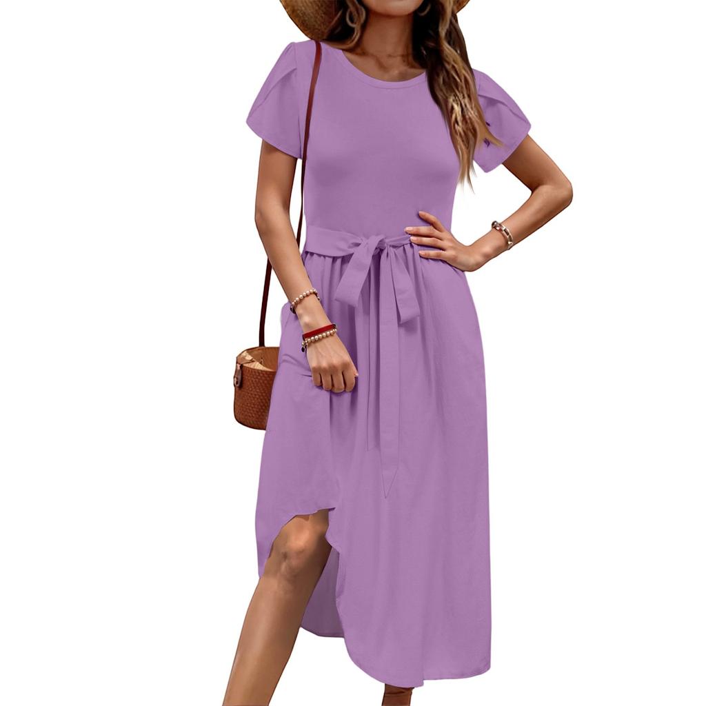 Женское повседневное платье миди с круглым вырезом, классическое повседневное платье свободного кроя с коротким рукавом