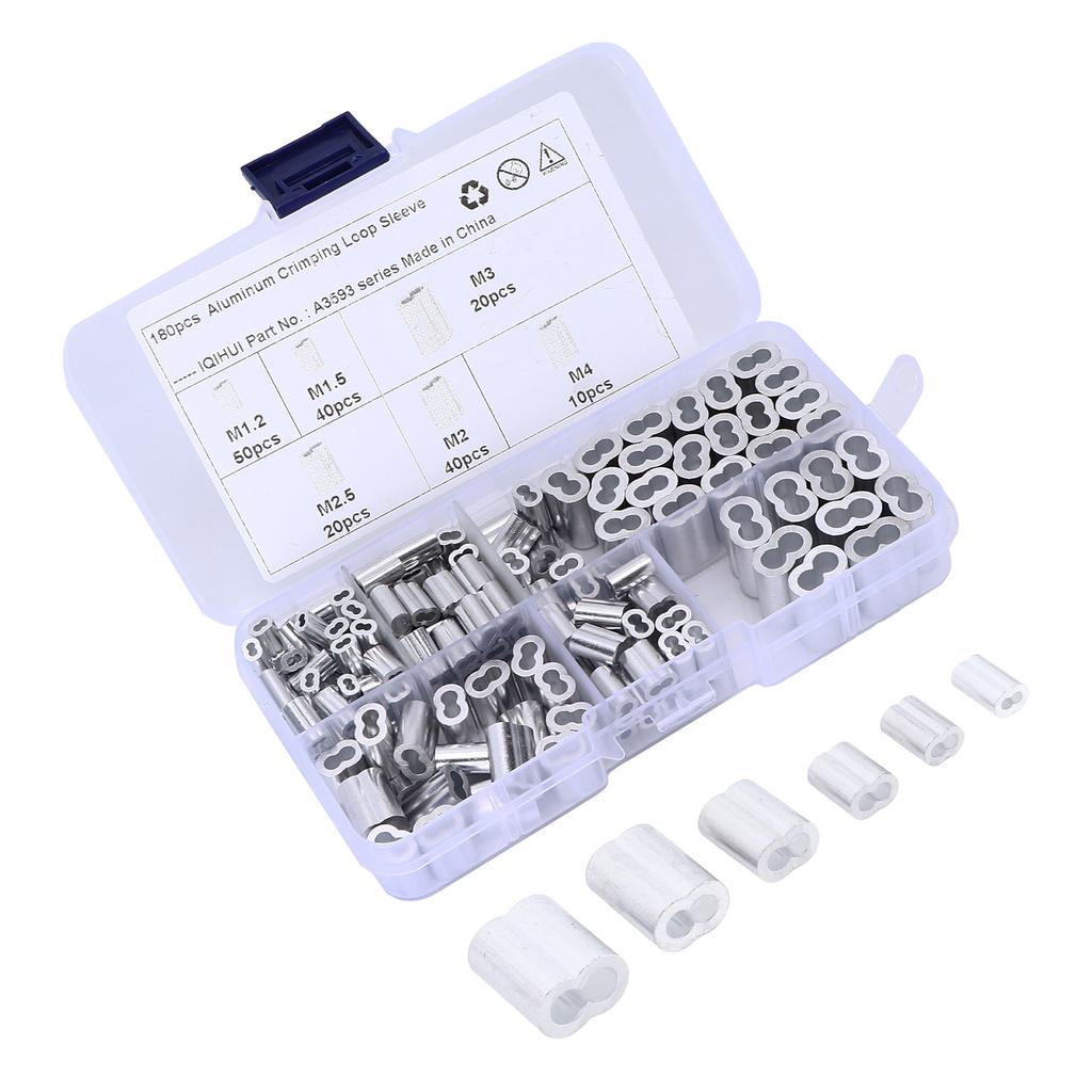 Набор обжимных петель-гильз 180 шт., 6 размеров, алюминиевые двухствольные обжимные гильзы, универсальные для тросов