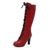 Fashion Women's Round Toe Knee High Boots Leather Lace Hollow Out Punk Lace-Up Steampunk High Heel Shoes Plus Size 34-50 White Red Black