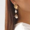 Women Irregular Dangle Earrings Golden Color Leaves Imitation Pearl Pendant