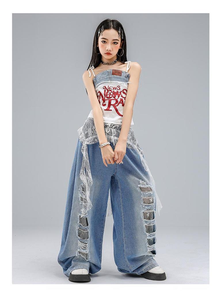 Костюм для джазового танца в корейском стиле для девочек - Детские рваные джинсовые шорты для летнего выступления.