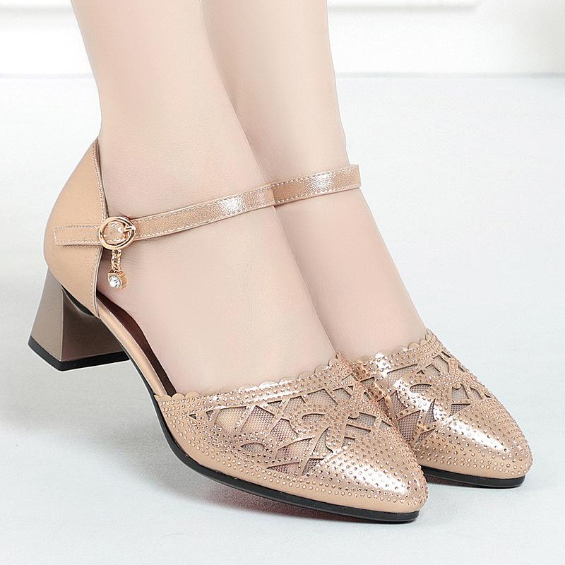 Fashion New Pointed Toe Women Sandals 2024 Spring Summer Mid Heel Gauze Hollow Shoes Fashion Shoes Buckle Strap Comfortable For Office