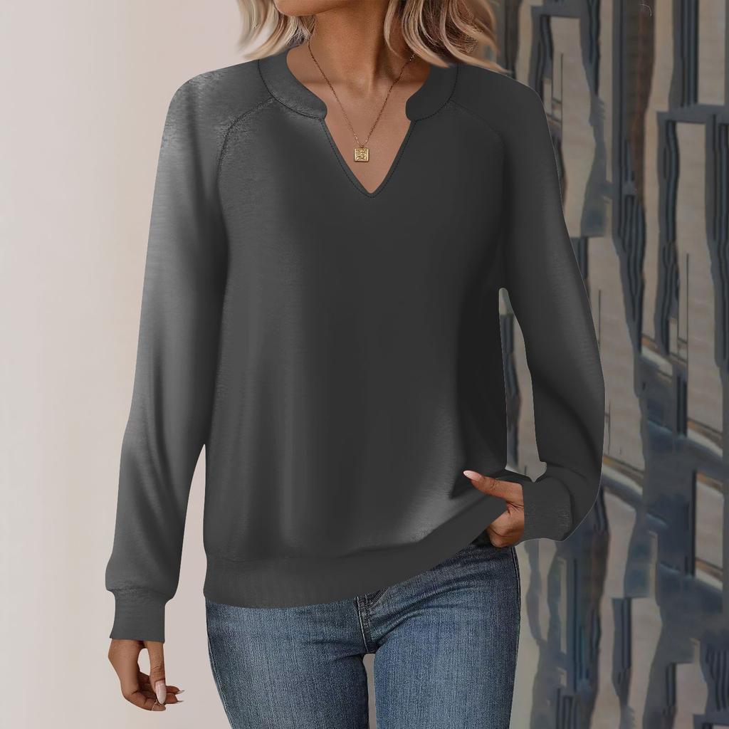 Женская повседневная толстовка с длинным рукавом и V-образным вырезом, однотонный свободный пуловер
