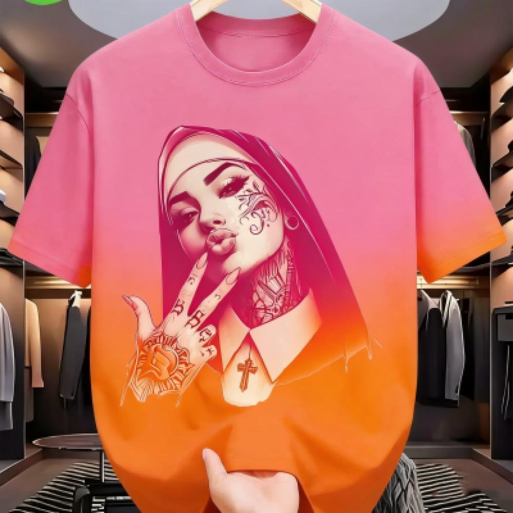 Summer Fashion Colorful Tattooed Nun Graphic Print Women's T-shirt Summer Casual Loose Short Sleeves Men's and Women's Tees Top
