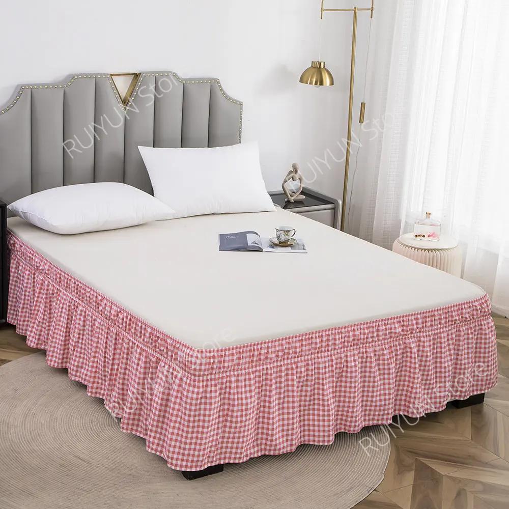 Home Plaid Bed Skirt Without Surface Elastic Band Bed Skirt Wrap Around Ruffled Bed Skirt Couvre Lit Twin /Full/ Queen/ King