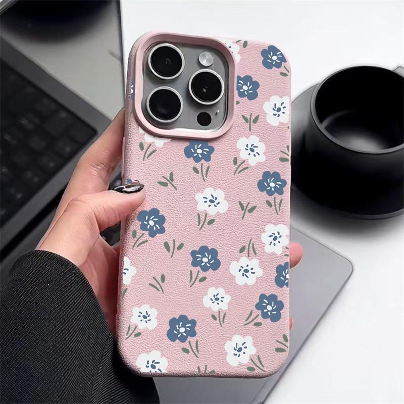 Синий цветочный узор матовая кожа текстура чехол для телефона чехол для iPhone 16 Pro Max 15 Pro 14 13 12 11 тонкий ударопрочный TPU мягкий бампер чехол