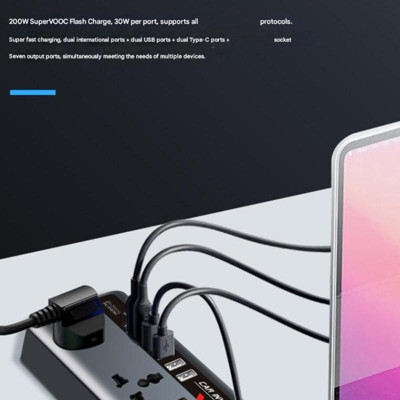 Мощный автомобильный инвертор 12В/24В на 220В 200Вт с портом USB Type-C, адаптер питания для зарядки телефона, для путешествий, мониторинга