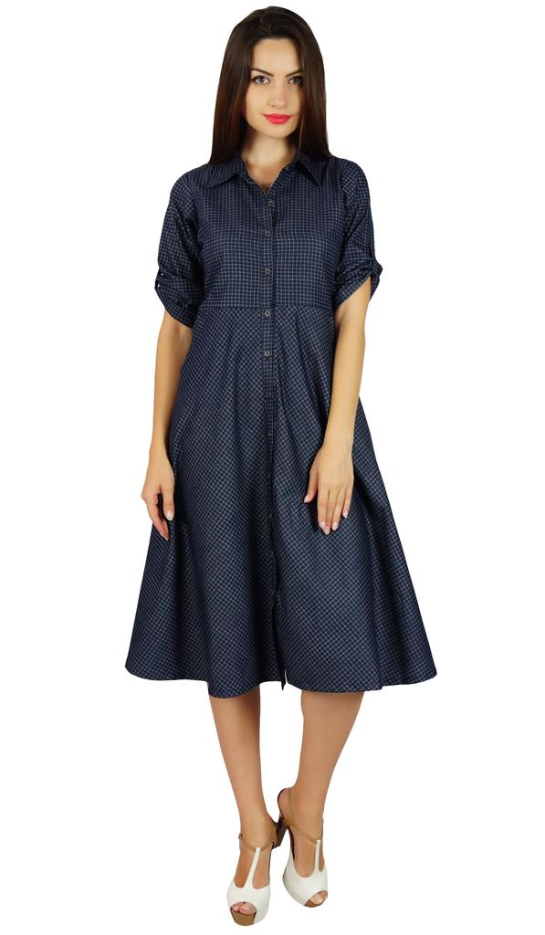 Bimba Женское платье-рубашка из шамбре на пуговицах с карманами, повседневный воротник и воротник