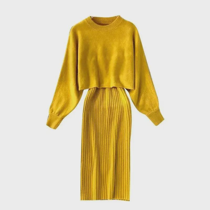 Autumn/Winter Chic Turtleneck Batwing Sweater & V-Neck Dress Set