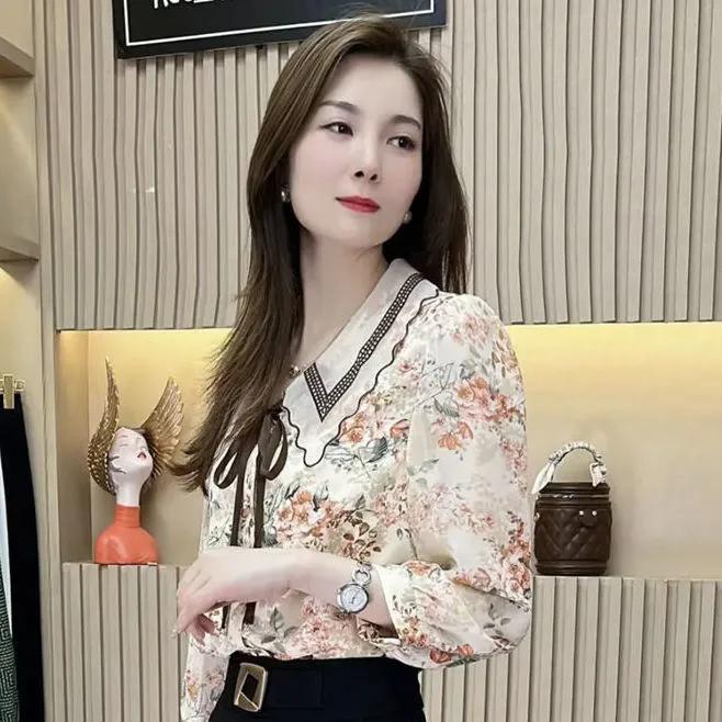 WTEMPO Spring Summer Floral Printed Chiffon Shirts Women's Three Quarter Sleeve Casual Loose Elegant Blouses