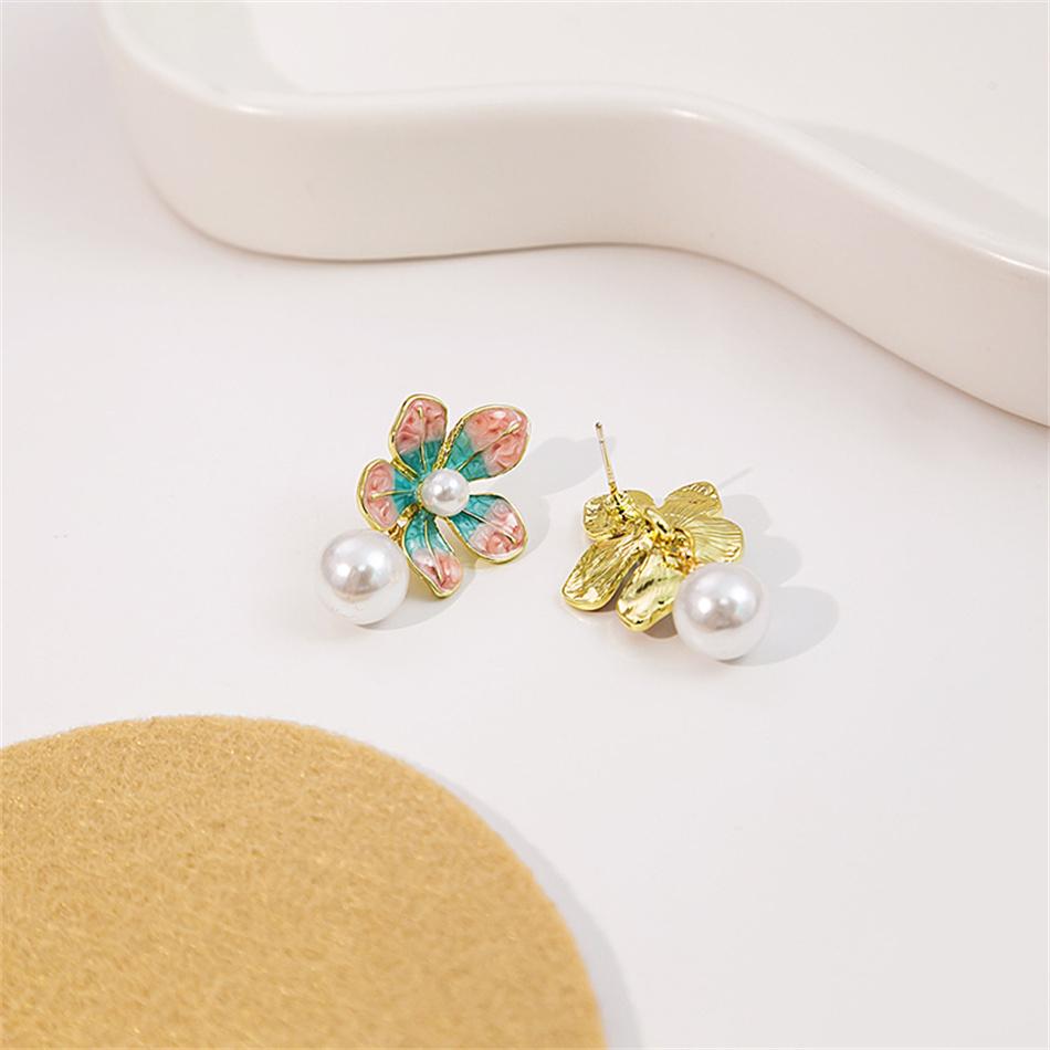 Enamel Big Flower Imitation Pearl Korean Design Drop Earrings Exaggerated Wedding Party Jewelry Accessories