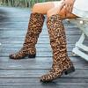 Women'S Leopard Print Mid-Calf Boots - Slip-On Chunky Heel Round Toe Cover Knee-High Boots for Spring Animal Print Design, Comfortable Fabric Lining