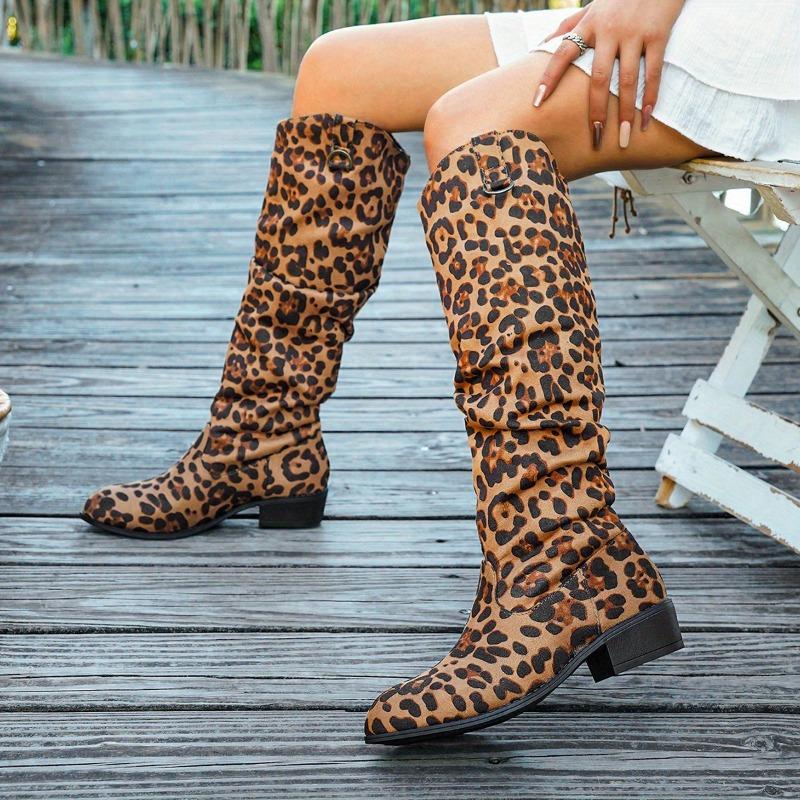 Women'S Leopard Print Mid-Calf Boots - Slip-On Chunky Heel Round Toe Cover Knee-High Boots for Spring Animal Print Design, Comfortable Fabric Lining