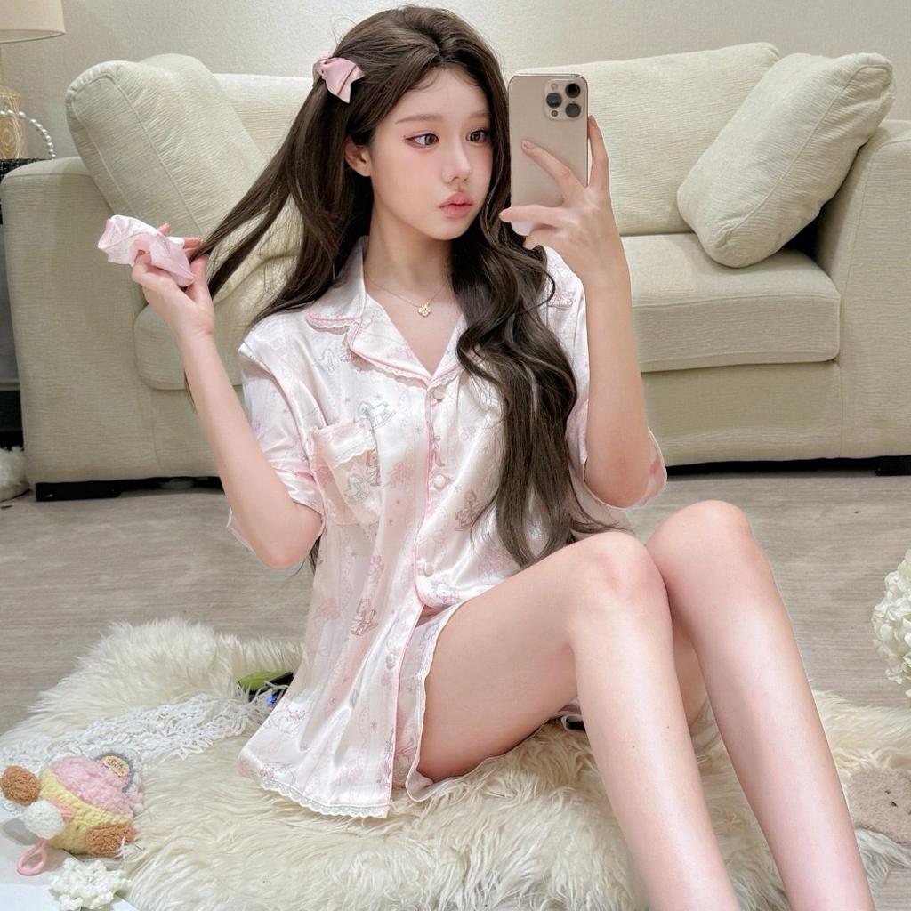 1011 New Pink Cartoon Lace Ice Silk Pajamas for Women, Summer Short Sleeve and Shorts, Sweet Outerwear Pajamas