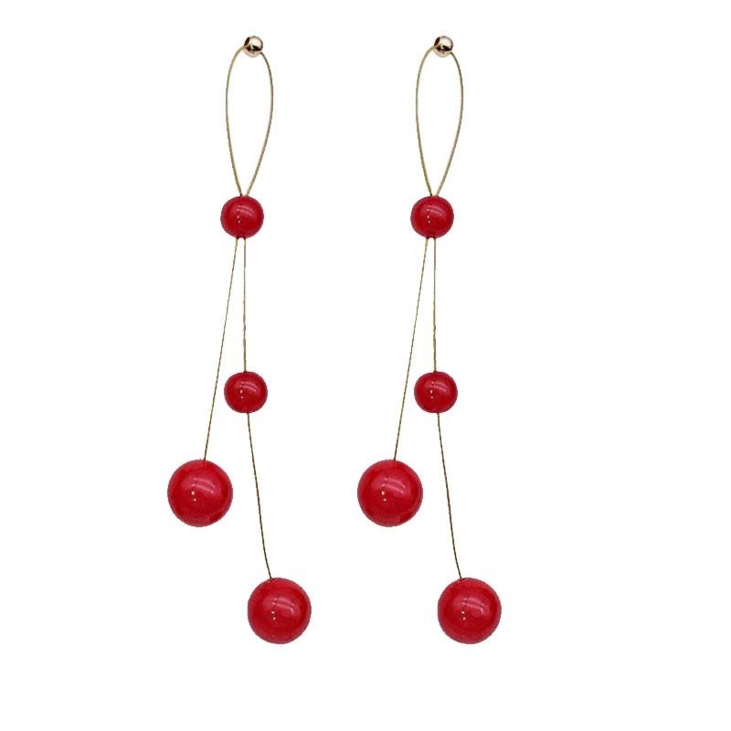 S925 Silver Needle Exaggerated Red Pearl Long Temperament Net Red Personality Tassel Simple Earrings Women's Jewelry
