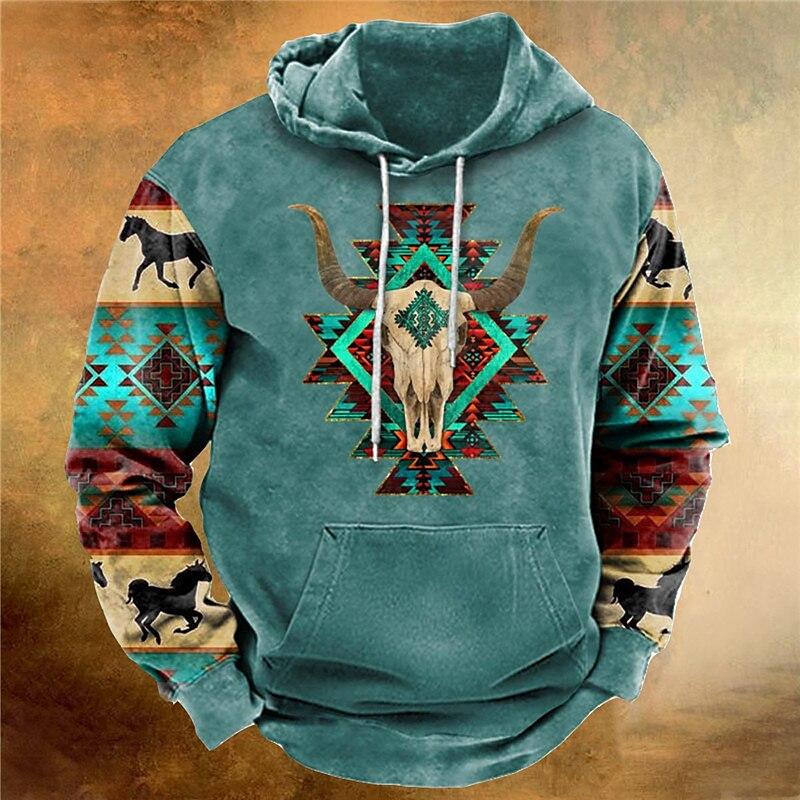 Мужская толстовка с капюшоном Western Cowboy Hooded Sweatshirt North America Demon Wendigo Printed Oversize Harajuku Clothes Vintage Streetwear