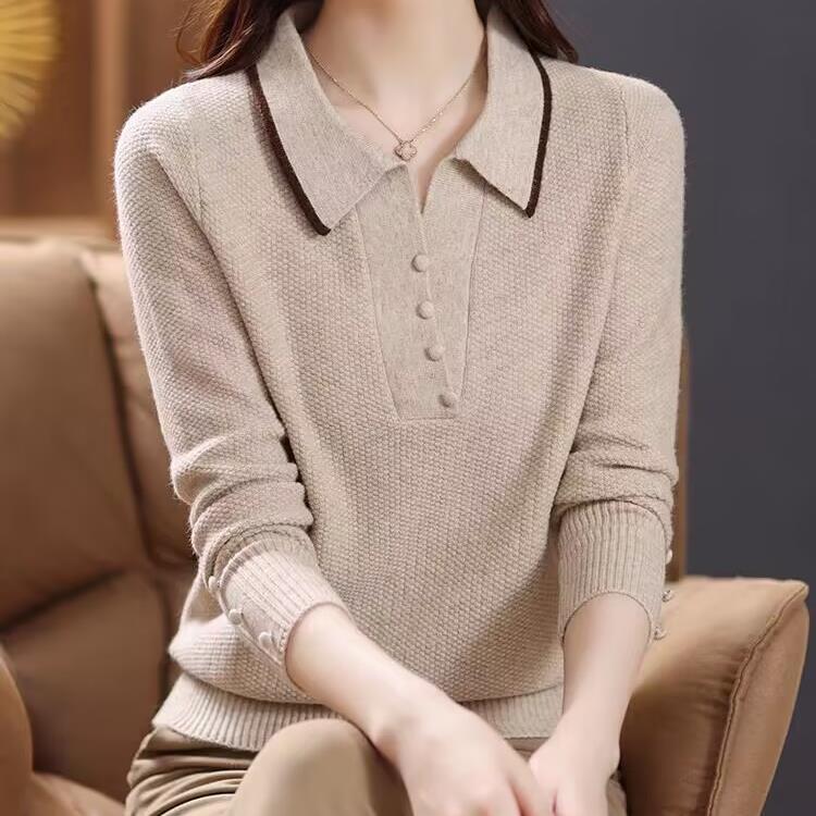 Свитер с лацканами для женщин на осень и зиму, новая трикотажная базовая рубашка, модный свитер для мам
