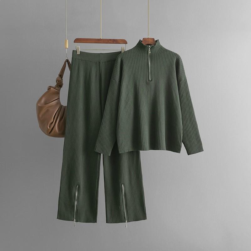 Теплый зимний свитер с высоким воротом, ребристый, однотонный, на молнии, с широкими штанами, комплект из 2 предметов для отдыха для женщин на осень 2024 года, мягкий, уютный наряд