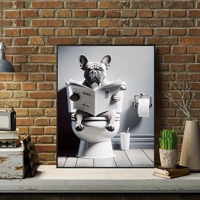 Humorous Bathroom Decor Poster with Dog Reading Newspaper