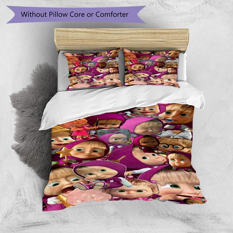 3pcs Duvet Cover Set (1*Duvet Cover + 2*Pillowcase, Without Core),Masha and The Bear Print Bedding Set, Bedroom Decor, All‑Season, Birthday Gift