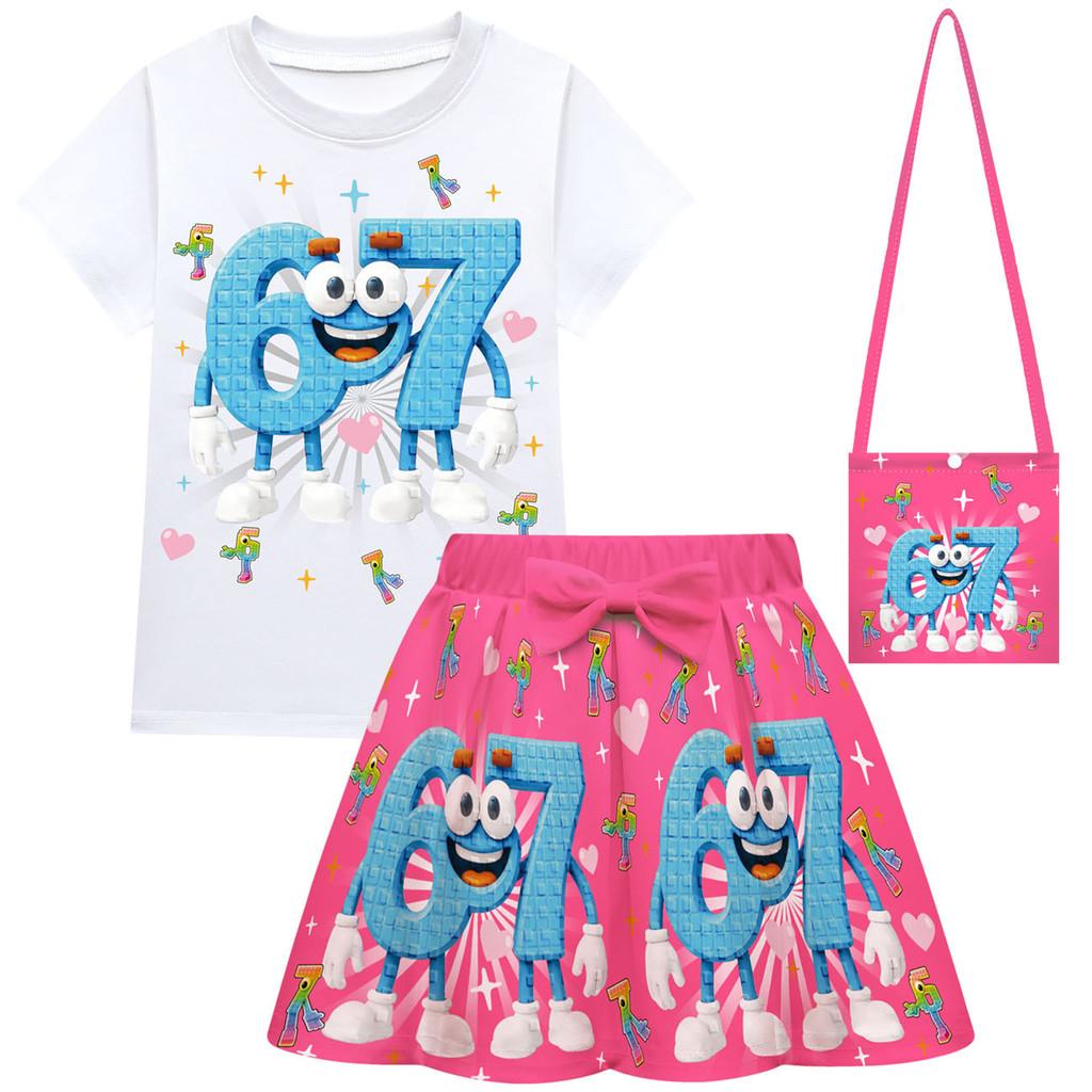 Детские Девочки Украсть Мозговую Гниль 67 Принты Наборы Футболка с Короткими Рукавами Юбка Сумка Набор Одежды