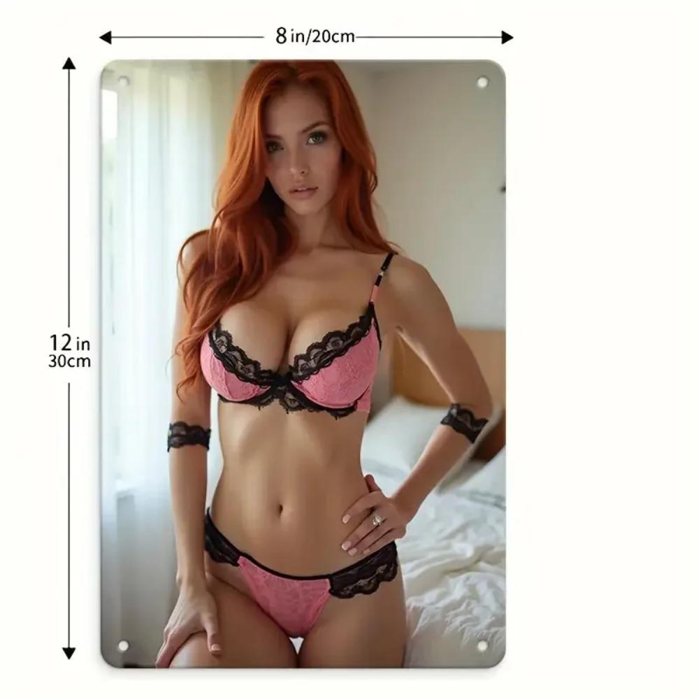 Винтажное настенное искусство Металлическая табличка Рыжеволосая Ретро Женщина Черный Бикини 8x12 Дюймов Алюминий Домашний Декор