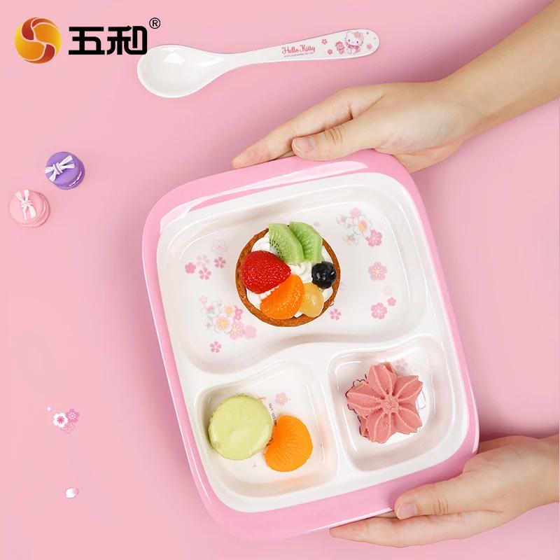 Для Hello Kitty Посуда Милый Цветок Вишни Детская Мультяшная Посуда Миска для Риса Салата Чашка для Воды Ложка Тарелка с защитой от ожогов