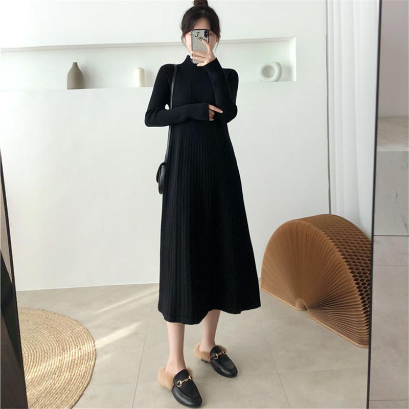 Элегантное теплое женское платье-свитер трапециевидной формы с воротником-полуводолазкой с длинным рукавом и тонкой талией, женские трикотажные платья до середины икры, осенние платья