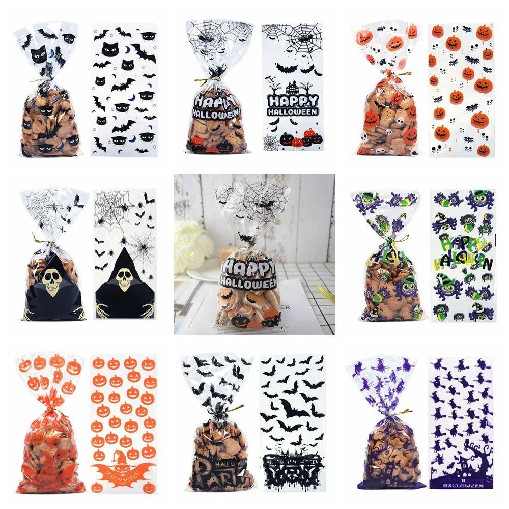 50pcs/pack Bat Pattern Dessert Packaging Bag With Ties Gift Bags Halloween Candy Bags Home