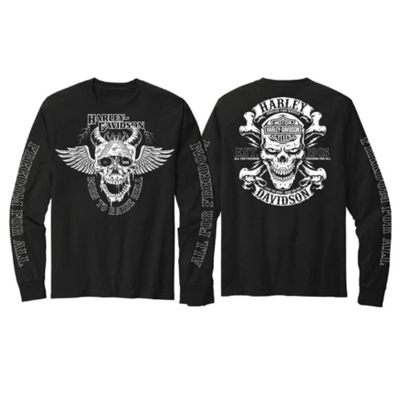 Черная двухсторонняя футболка с длинным рукавом Harley-Davidson, принт черт с перекрещенными костями, ретро-мотоциклетный стиль