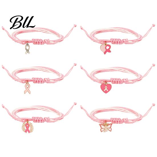 Adjustable Braided Bracelet Breast Cancer Awareness for Women, Woven String with Lightweight Daily Wear Wristband Ribbon Charm, Handmade Rope Survivor