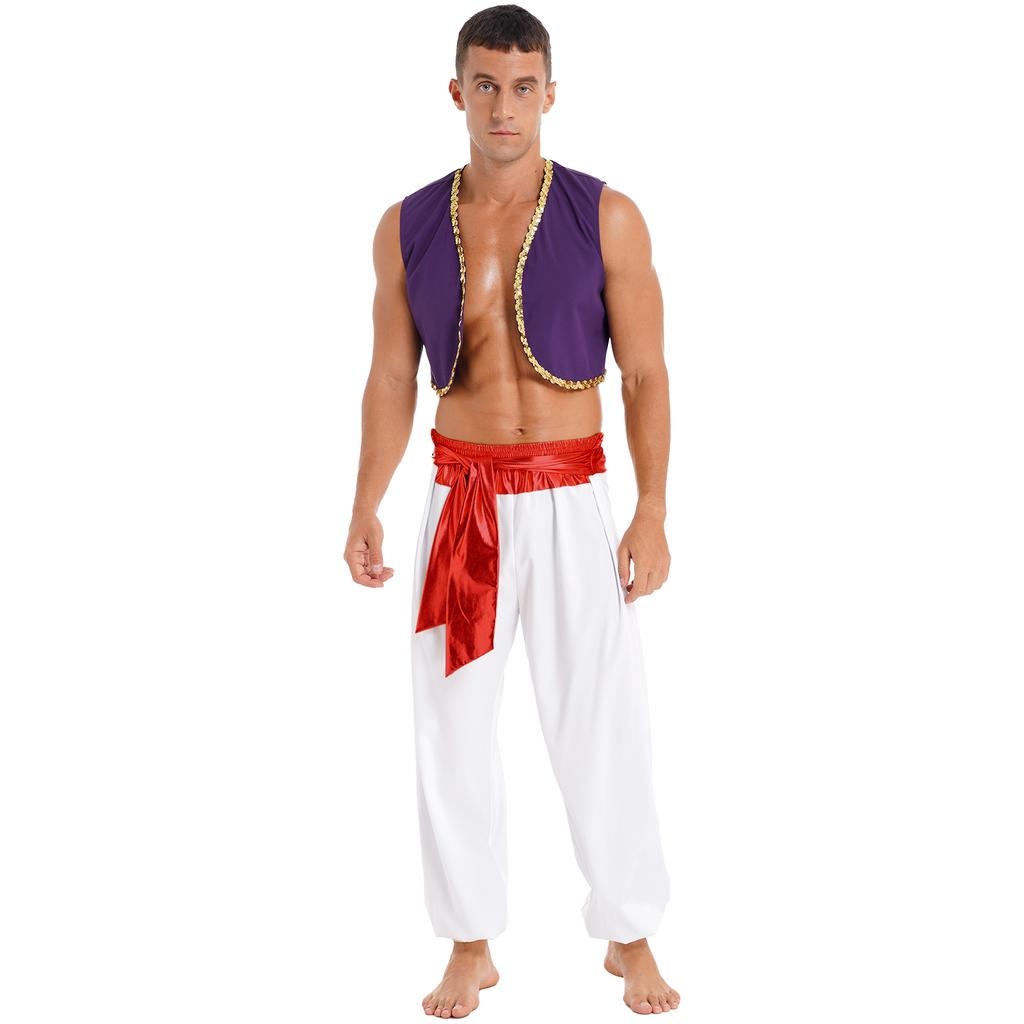 Mens Halloween Party Costume Sequin Trim Waistcoat Belted Pants Role Play Stage Performance Outfit