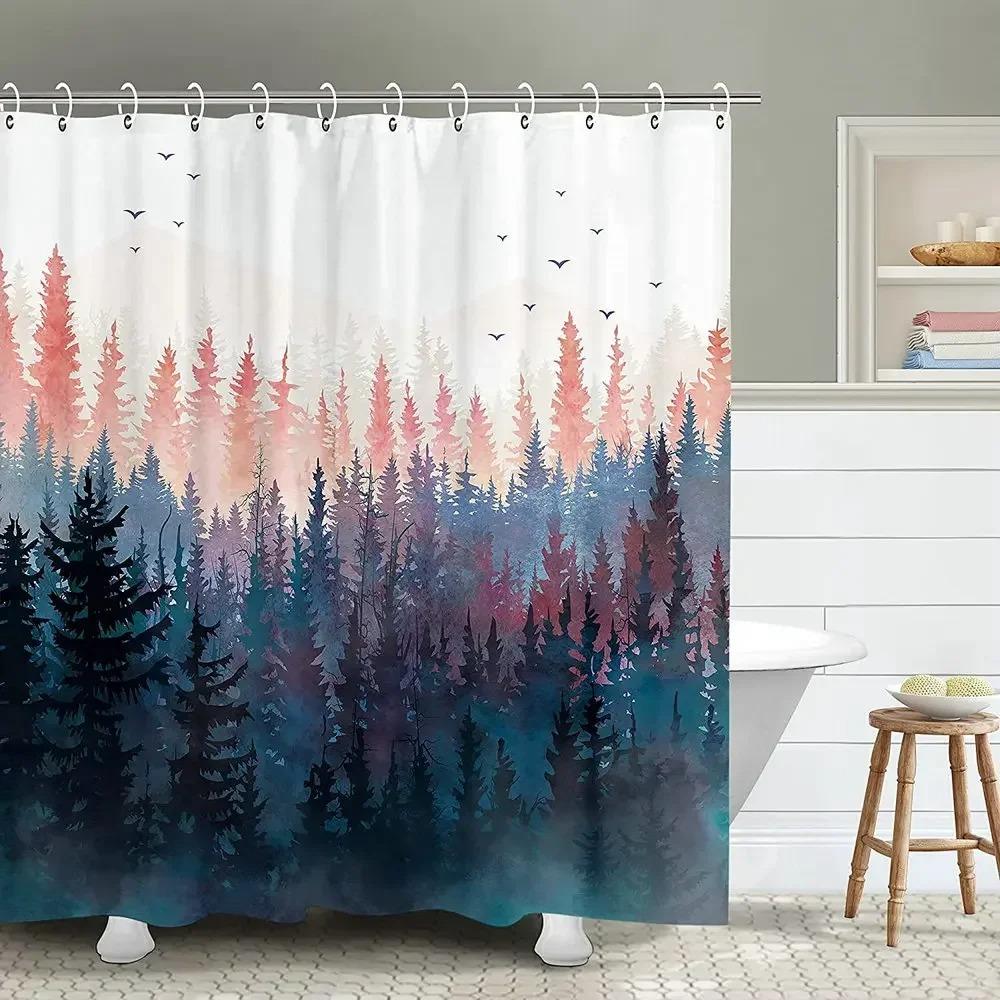 Forest Nature Landscape Shower Curtain Mountain Pine Tree Rustic Foggy Pink Art Waterproof Fabric Bathroom Curtains With Hooks