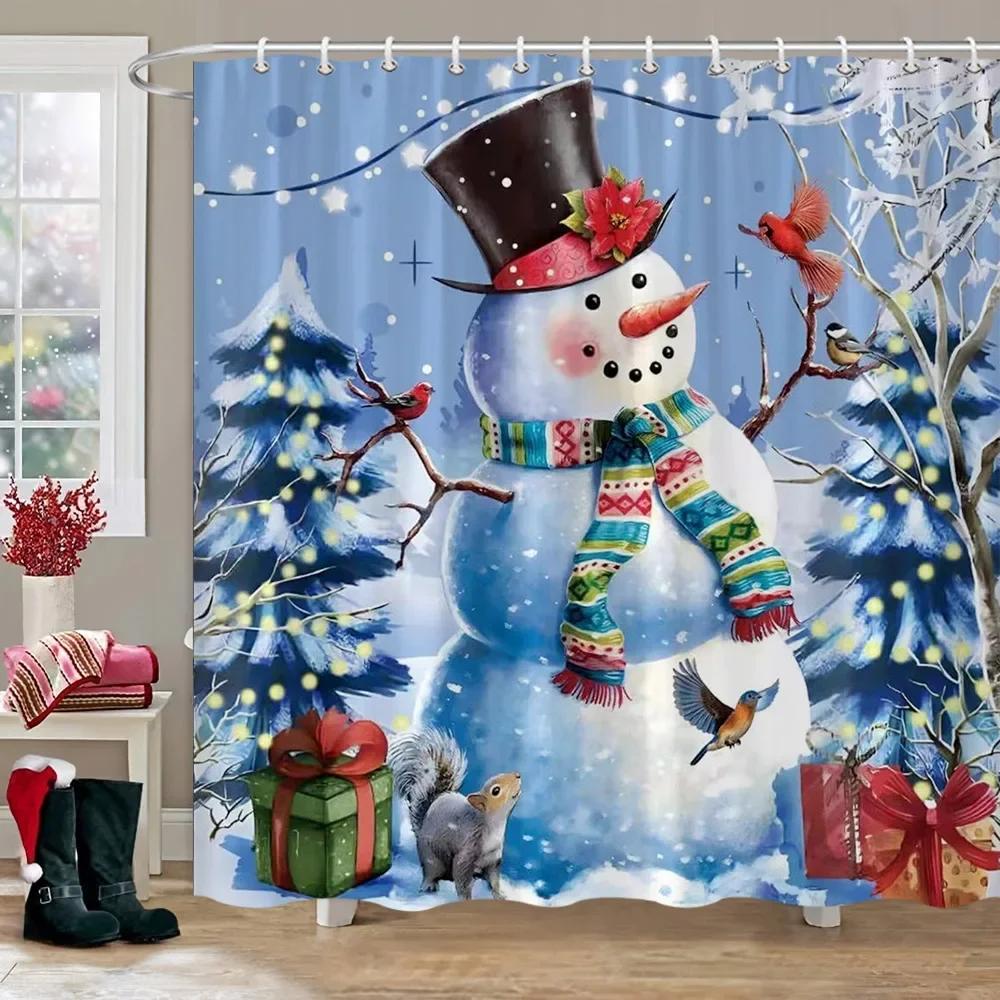 Merry Christmas Shower Curtain Winter Red Truck Snowman Reindeer Snow Farmhouse Shower Curtain Washable Polyester Bathroom Decor
