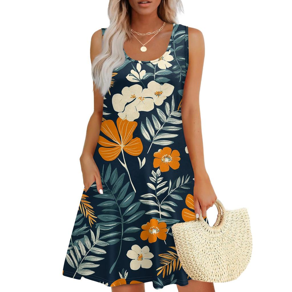 Женское повседневное модное платье с принтом и U-образным вырезом без рукавов