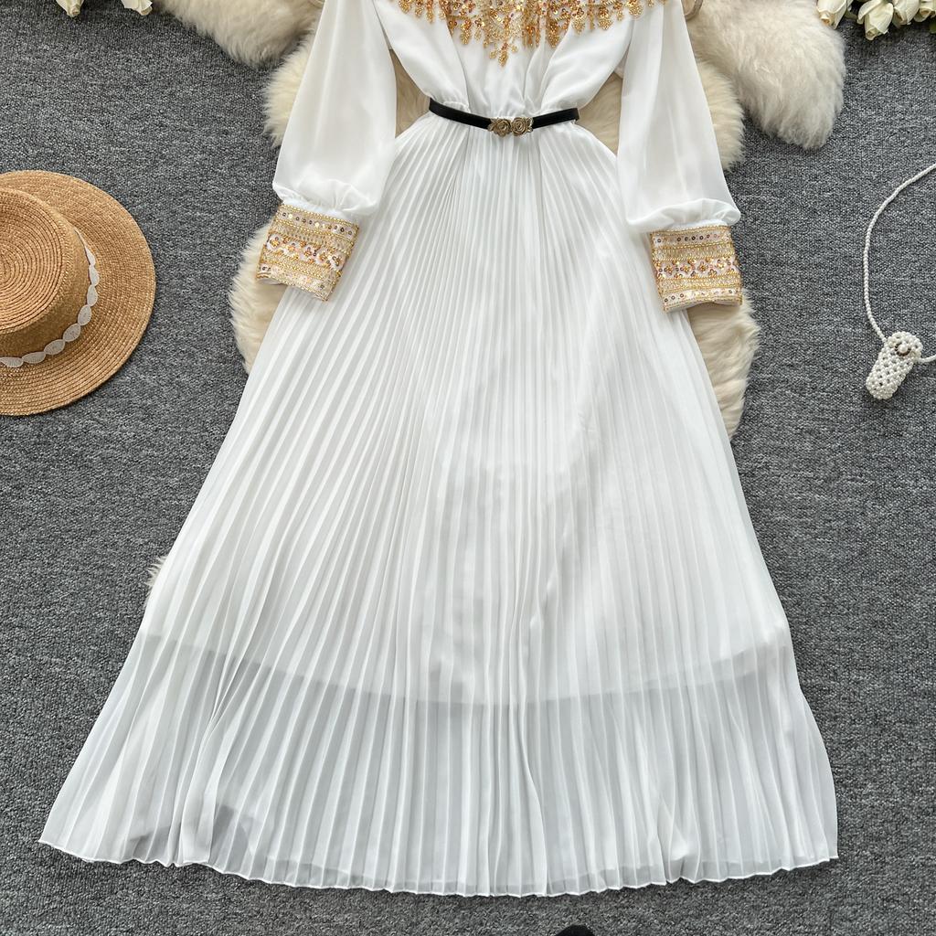 Temperament Robe Femme Maxi Dresses for Women Long Sleeve O-neck Sequin Slim Waist Vintage Pleated Dress 2025 Vestidos De Mujer