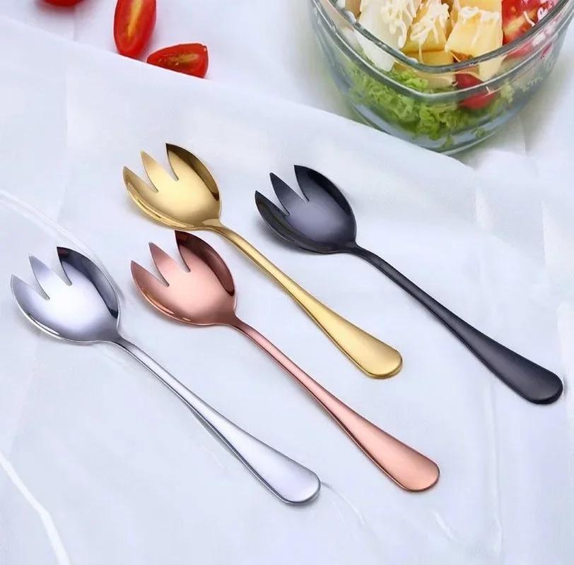 2Pcs/ Set High-quality Stainless Steel Fruit Salad Spoon and Fork  Thick Golden Western-style Tableware
