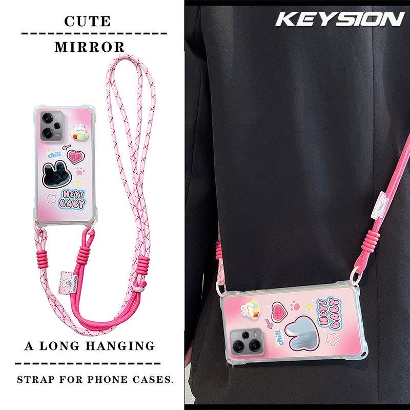 KEYSION Чехол для телефона с ремешком через плечо для Redmi Note 12 Pro 5G, милый мультяшный длинный шнурок, зеркальный противоударный чехол для Redmi Note 12 4G