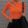 Sexy Hollow Out Women T Shirt Casual Round Neck Long Sleeve Skinny Cropped Tops  Solid Elegant Basic Tees
