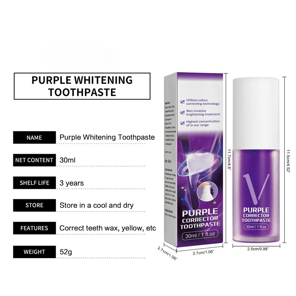 Отбеливающая зубная паста Фиолетовый корректор Уменьшение пожелтения Удаление пятен на зубах Чистая гигиена полости рта Свежее дыхание Отбеливающий зубы мусс