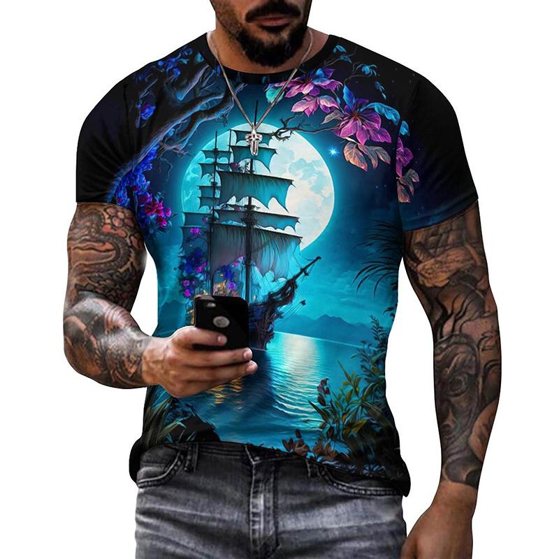 Sail Boat Pirate Ship Graphic T Shirts Men 3d Printing Short Sleeve Tee Tops Casual Mens Oversized Streetwear Tshirt Ropa Hombre