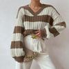 Women Knitted Sweater V-Neck Long Sleeve Crop Pullover Jumper Patchwork Color Twist Texture Knitwear