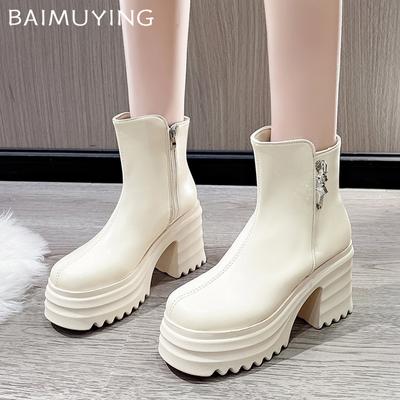 Платформа Женские Ботильоны Кристалл Кожа Высокий Каблук Модная Обувь Дизайнерские Мотоциклетные Ботинки Тренд 2025 Массивные Туфли Botas Mujer