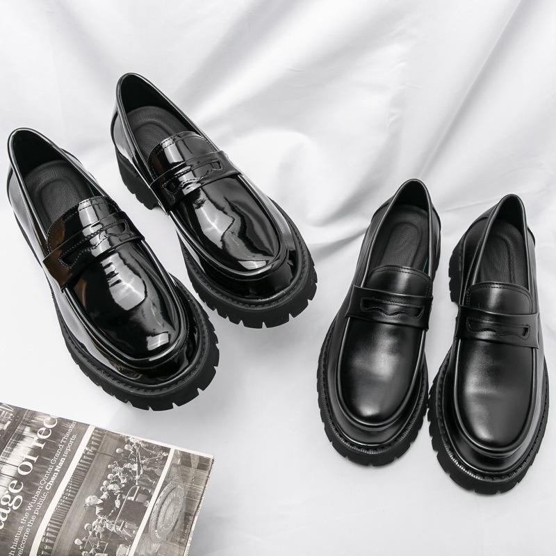 2025 Spring and Autumn Teenagers One-Pedal Loafers Platform Heightening Shoes Black Fashion Men's Casual Leather Shoes