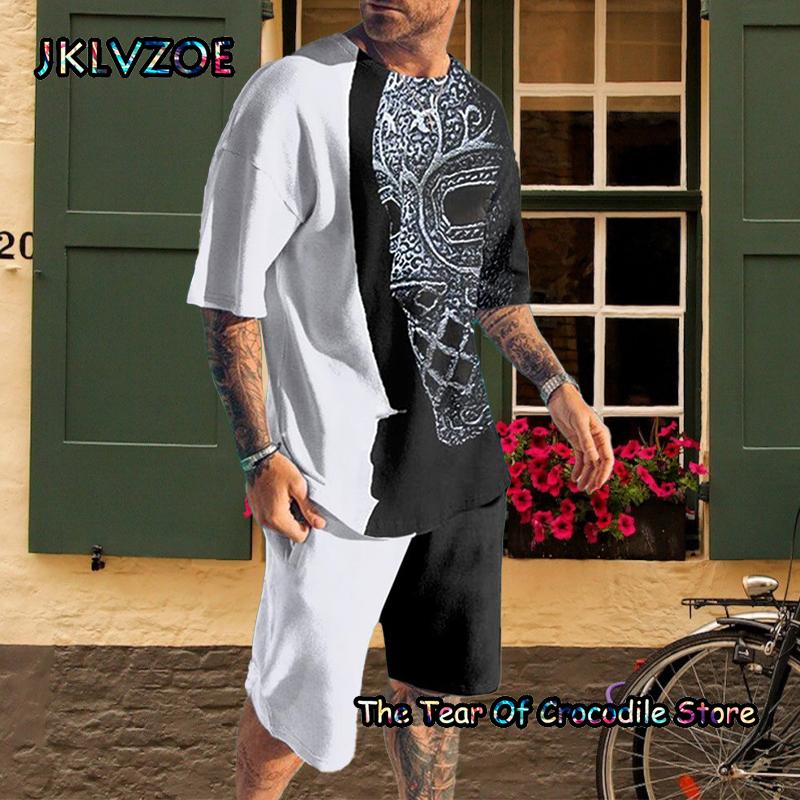 Новые модные летние мужские комплекты для бега, футболка с короткими рукавами, шорты, мужской спортивный костюм, толстовка с 3D принтом и забавным лицом, одежда