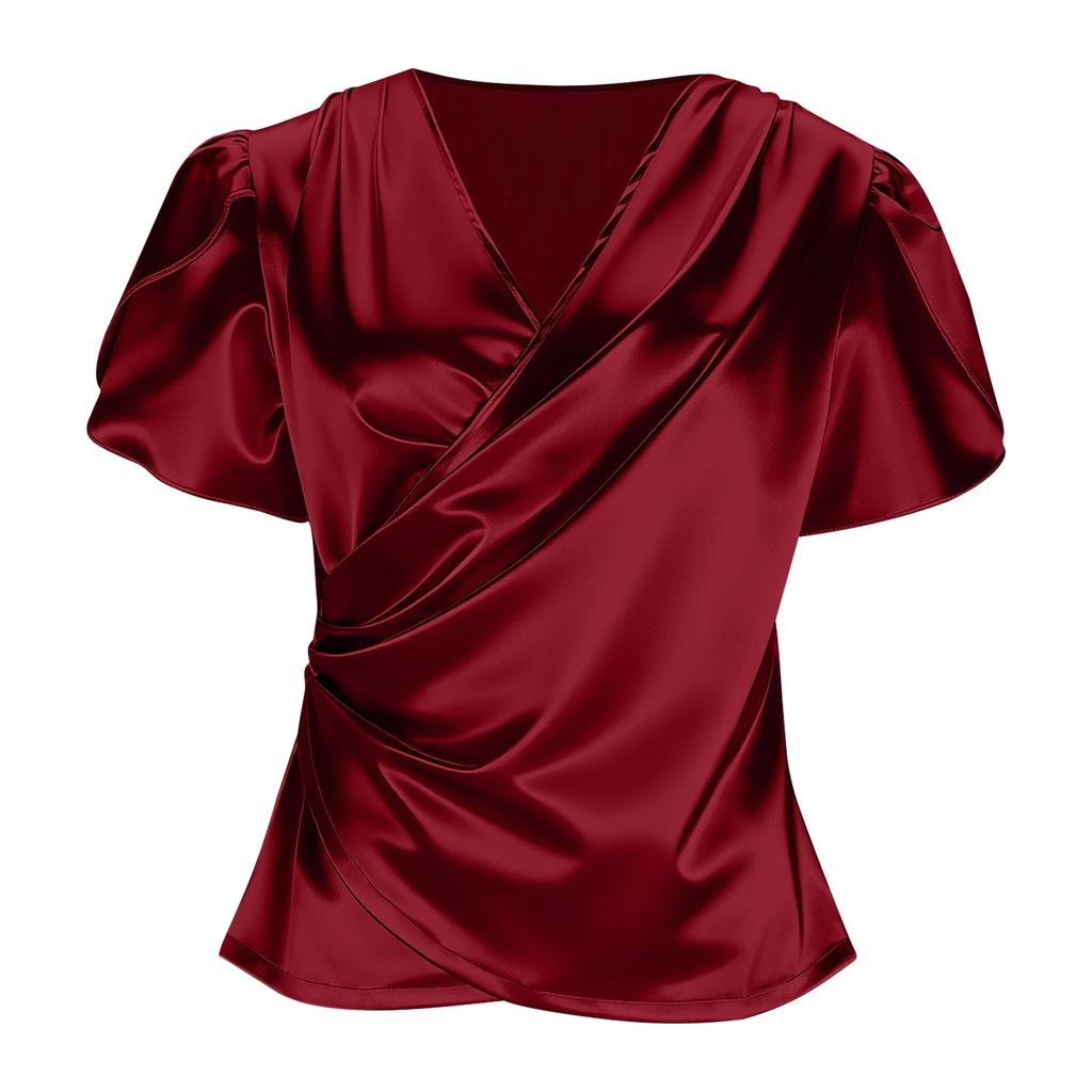 Women Fashion Cross V-neck Ruffled Short Sleeve Shirt Top